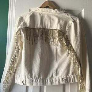White rhinestoned fringe jean jacket